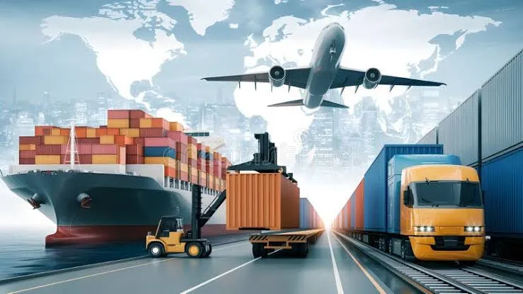 Airplane, ship and road freight connecting across a route